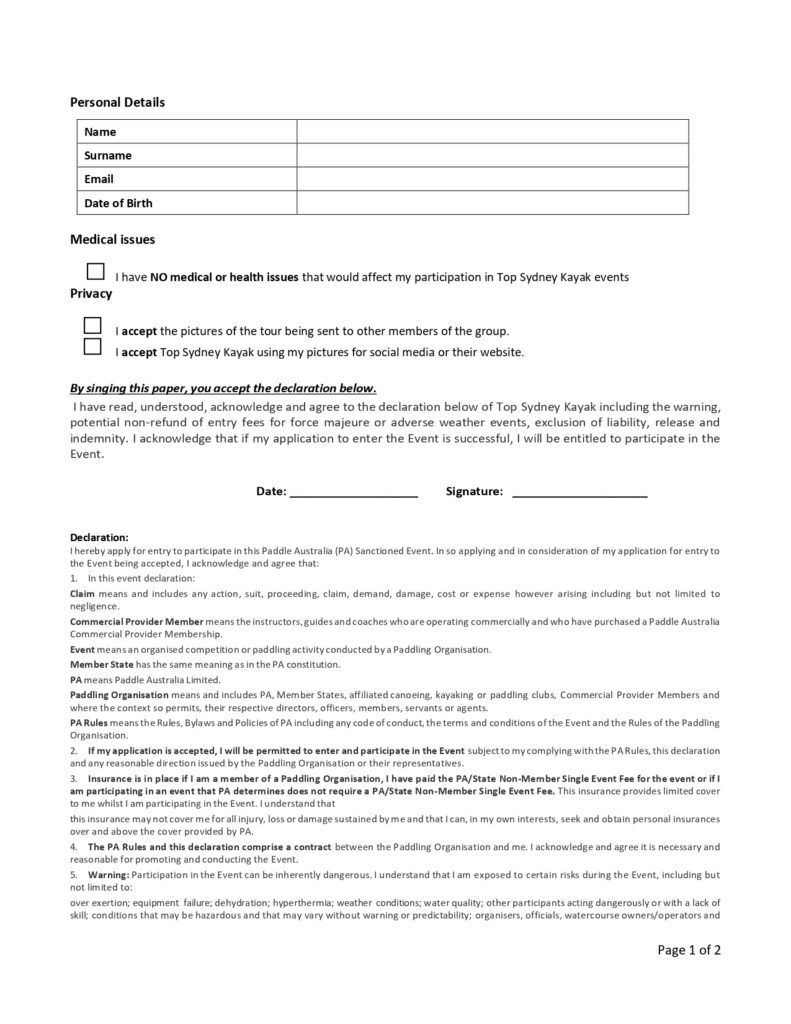 Page 1 of Top Sydney Kayak Waiver