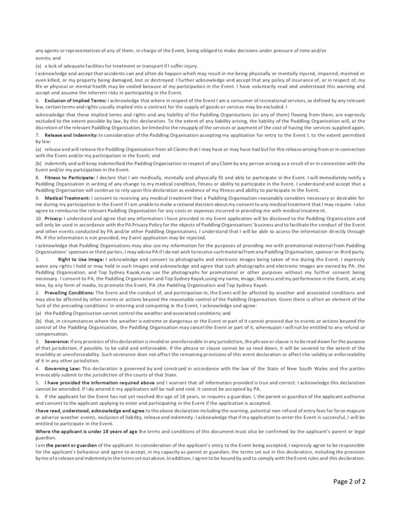 Page 2 of Top Sydney Kayak Waiver